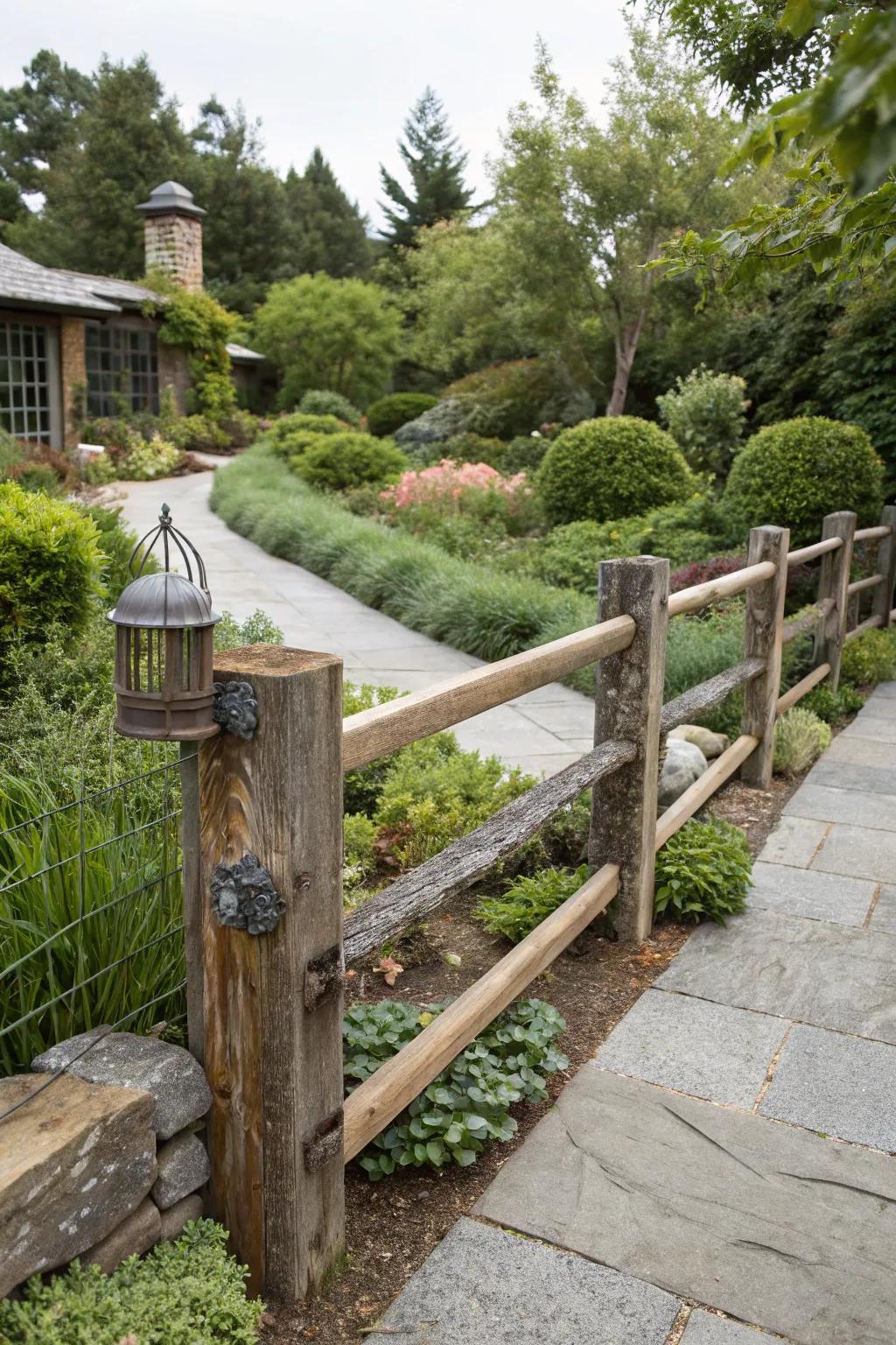 A modern rustic split rail fence with metal accents.