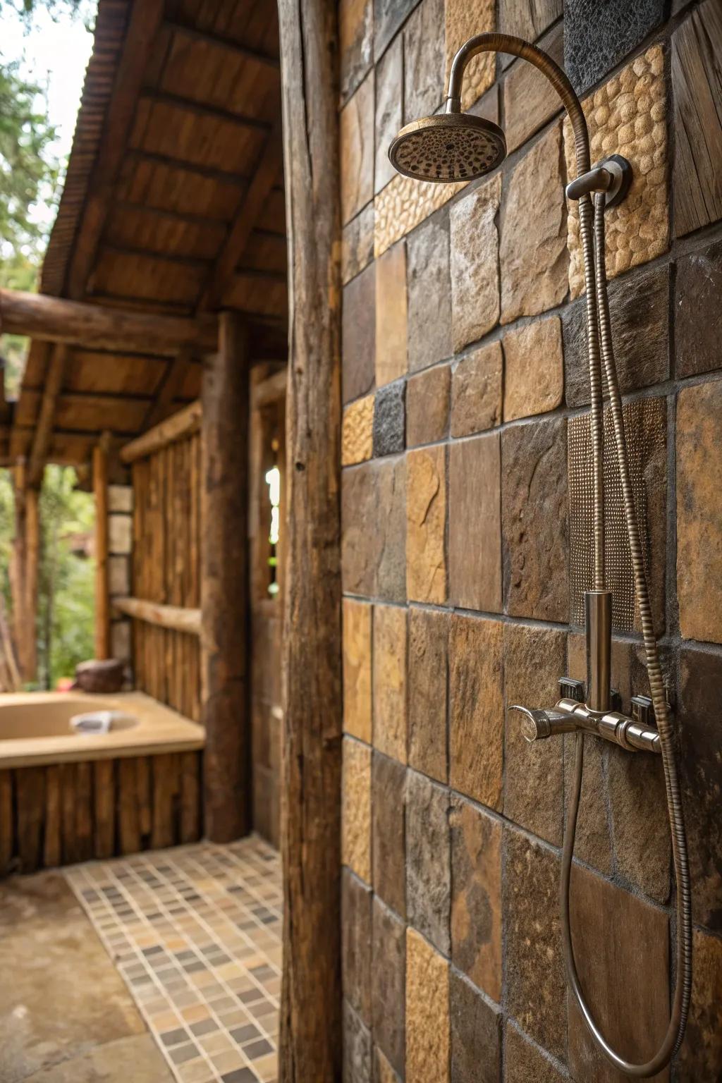A rustic shower featuring textured tiles that mimic natural materials, adding depth to the space.