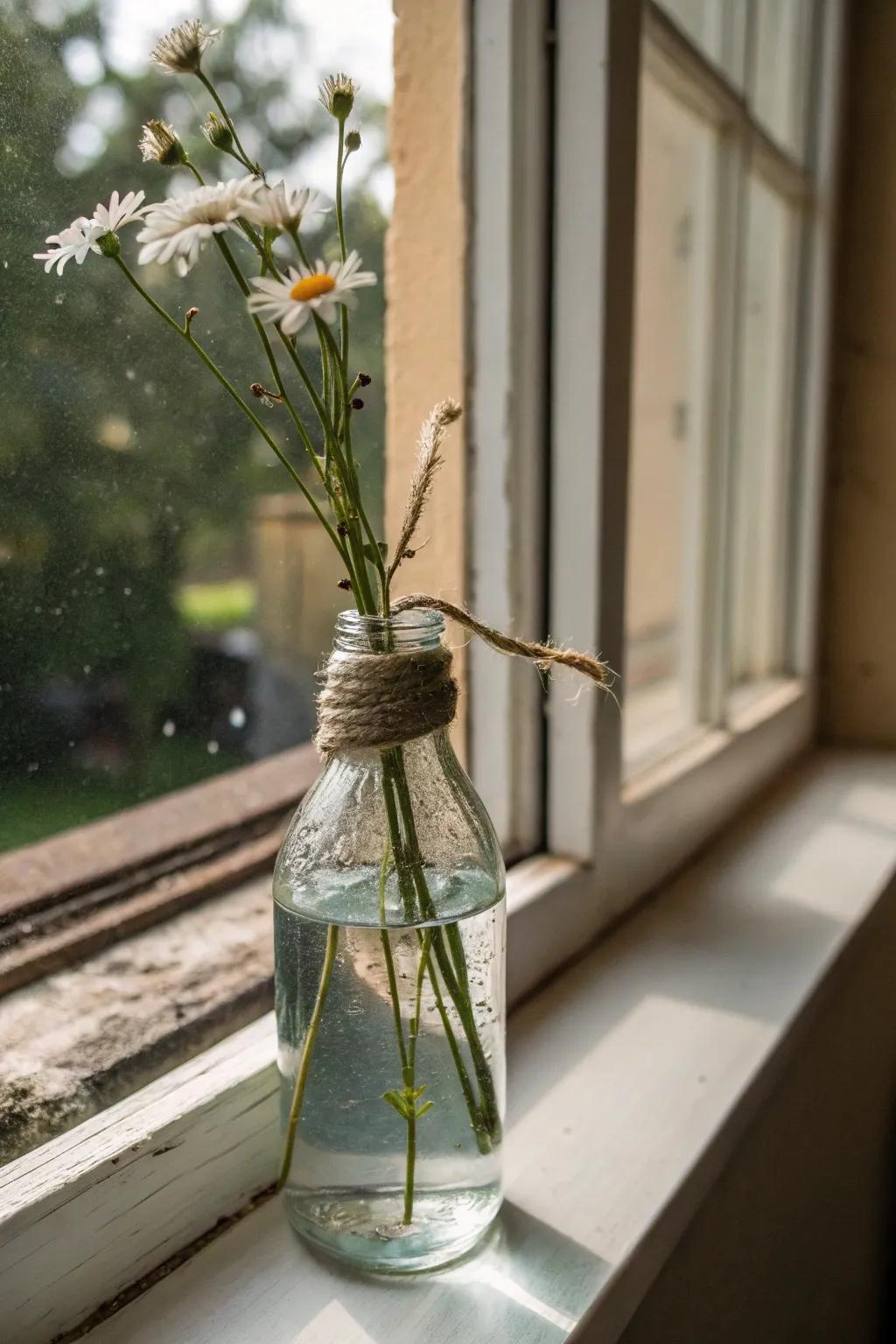 Glass bottles embellished with twine resonate with minimalist rustic charm.