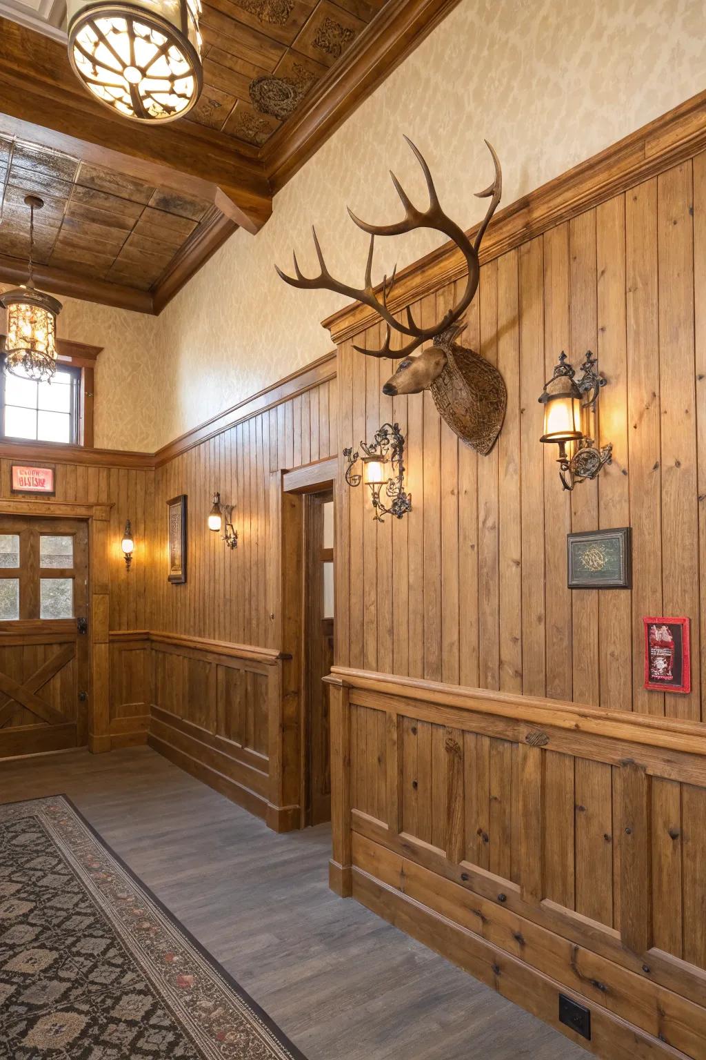Rustic accessories enhance wainscoting&rsquo;s inherent charm.