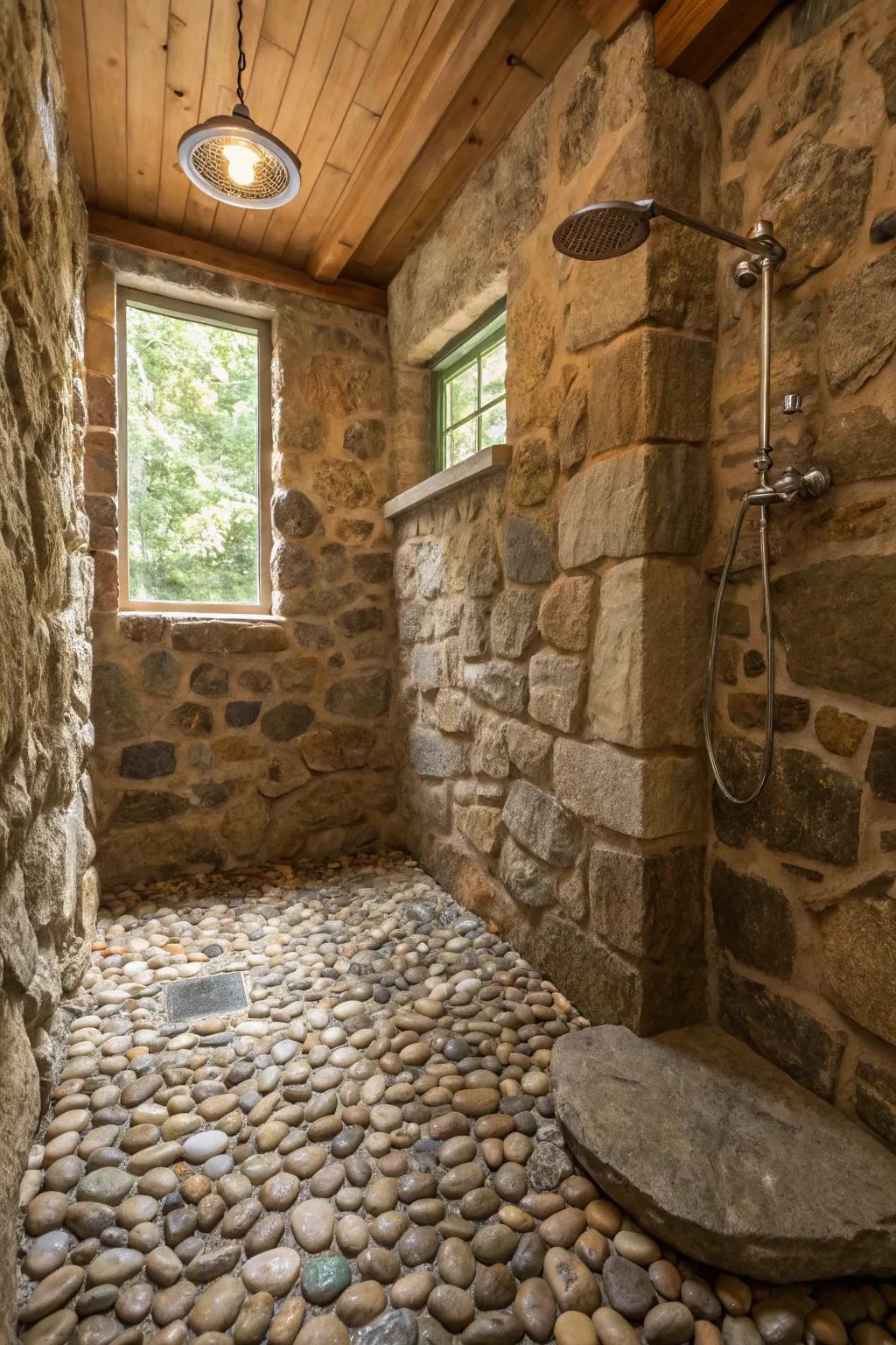 Rounded stone flooring introduces the essence of nature indoors.