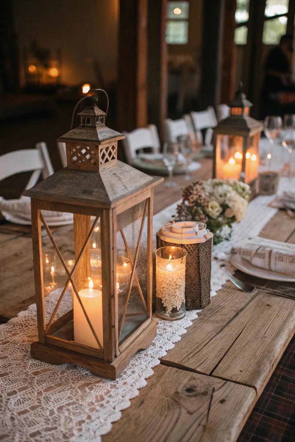 Period lanterns introducing a comforting glow to the countryside main table.