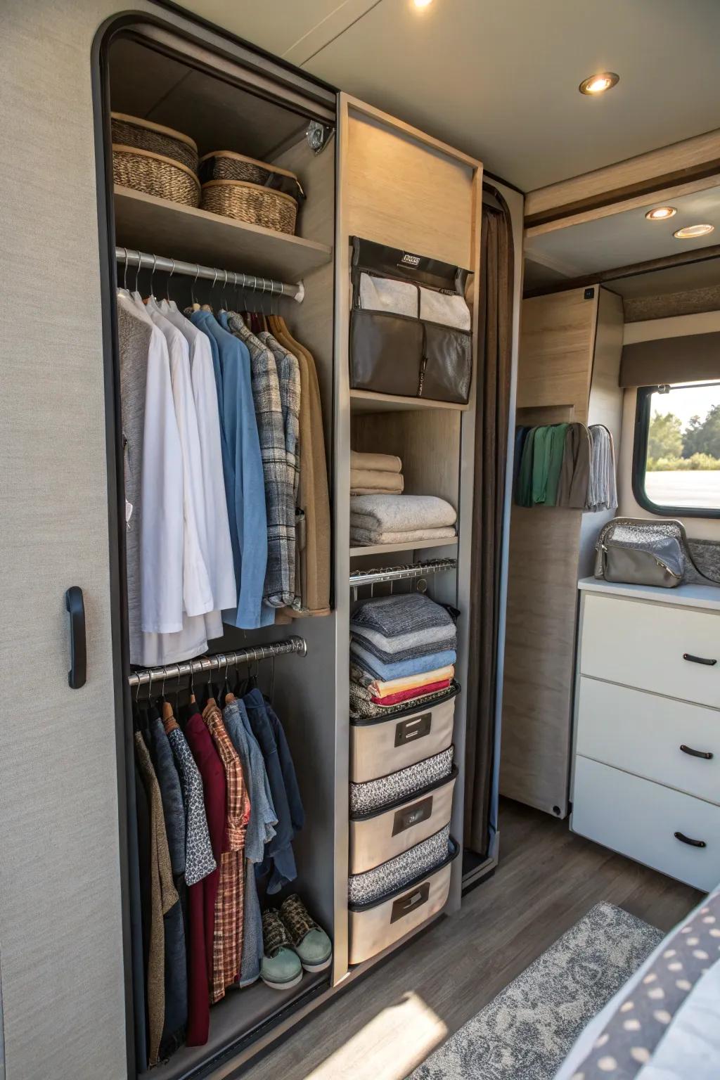 RV closet storage is made as versatile as possible by foldable organizers.