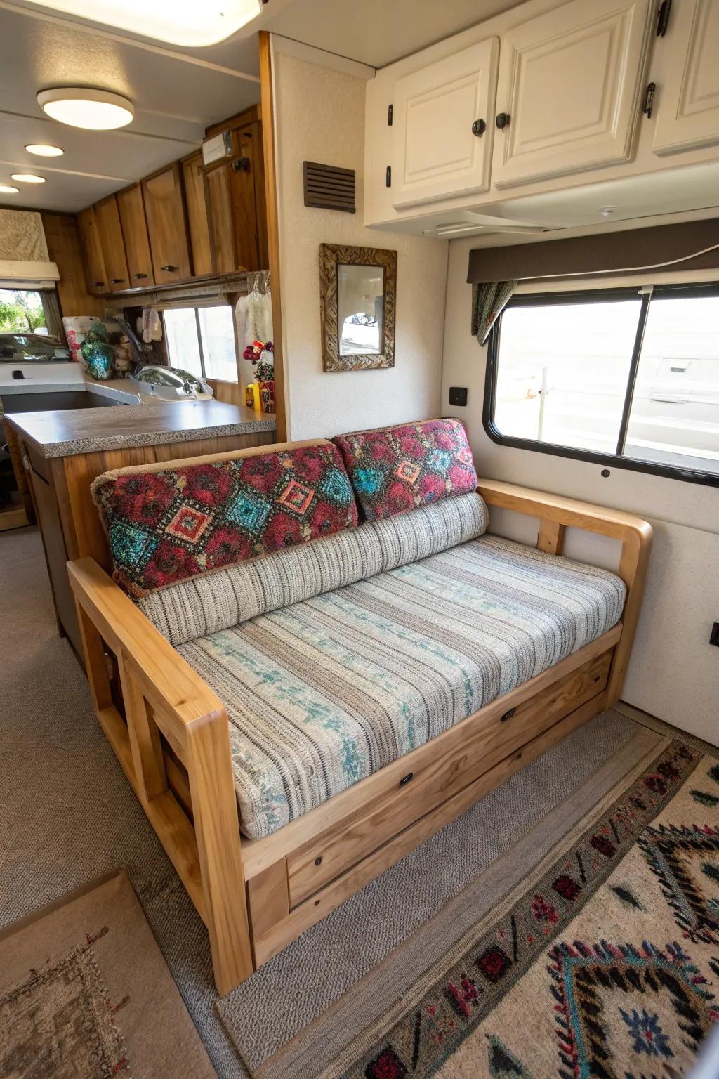 A custom DIY couch adds a personal touch to your RV interior.