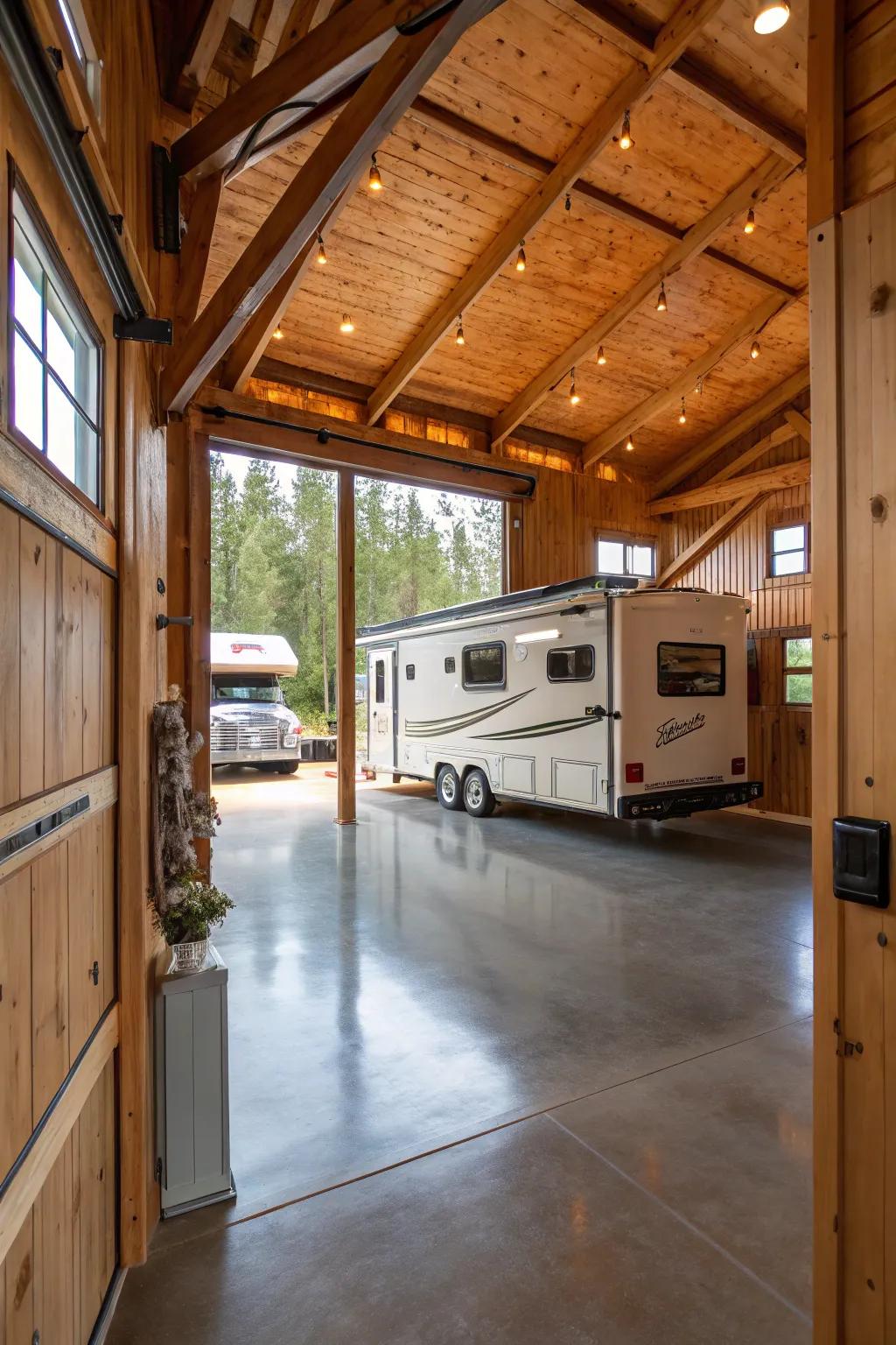 Rustic charm fills the RV garage with reclaimed wood and warm, natural hues.