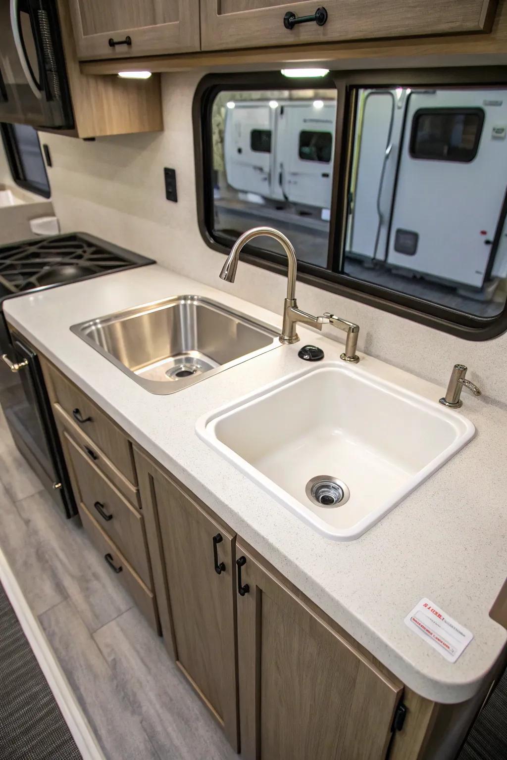 A twin basin sink provides versatile functionality.