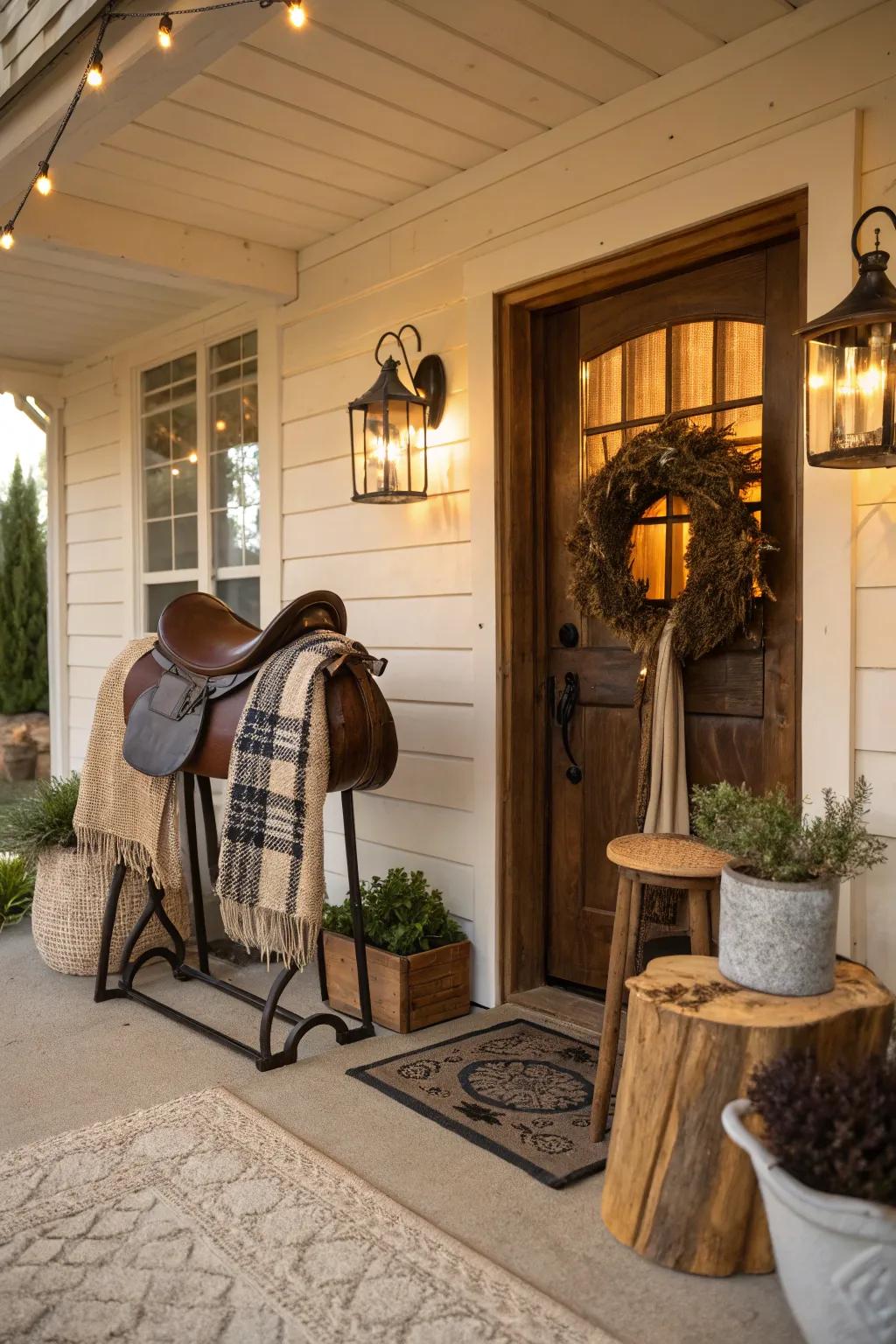 In the entryway, an equestrian seat makes a striking and pleasant first impression.