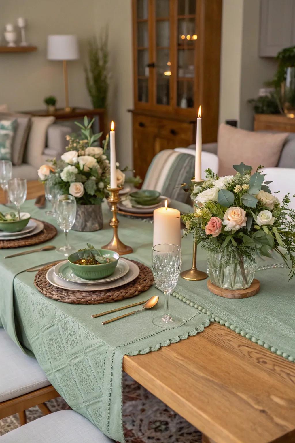 The sage green table runner really brings this table decor together.