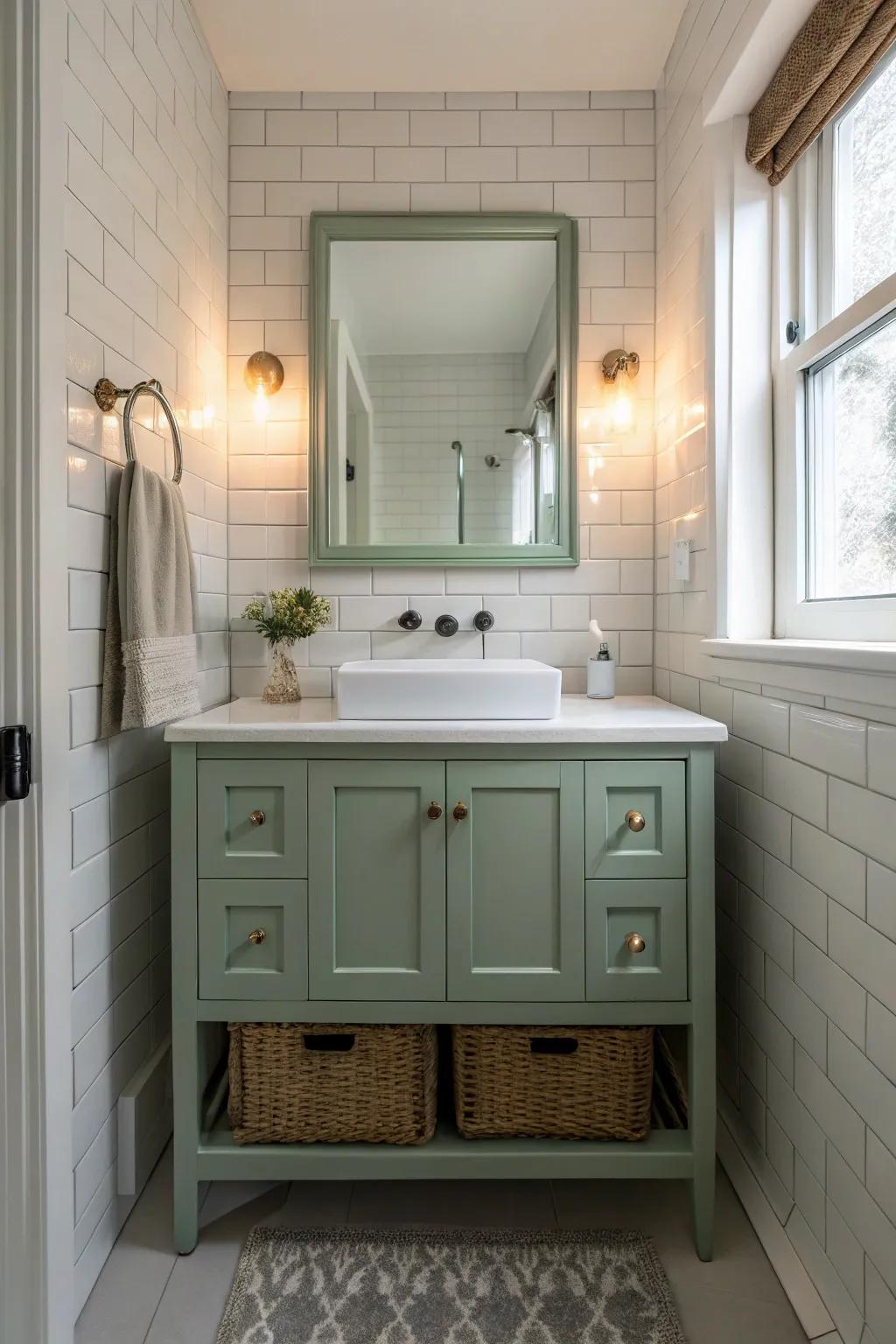 A small bathroom with a sage green vanity, enhanced by light-shaded features.