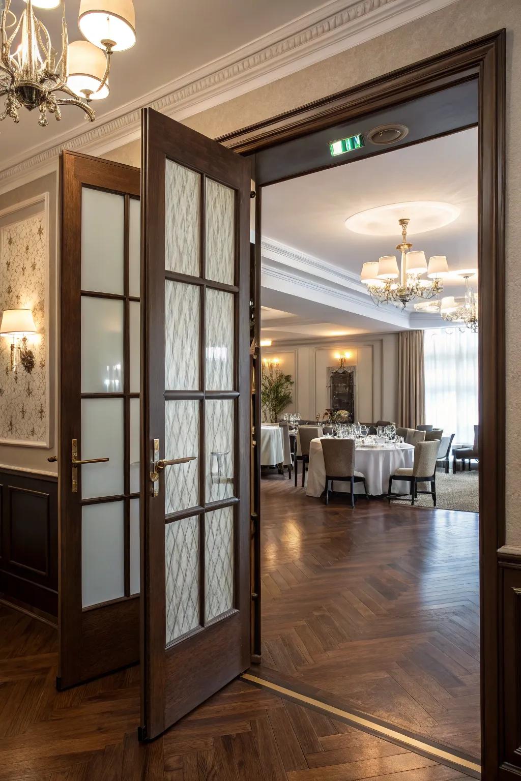 Sophistication and seclusion with frosted glass saloon doors.