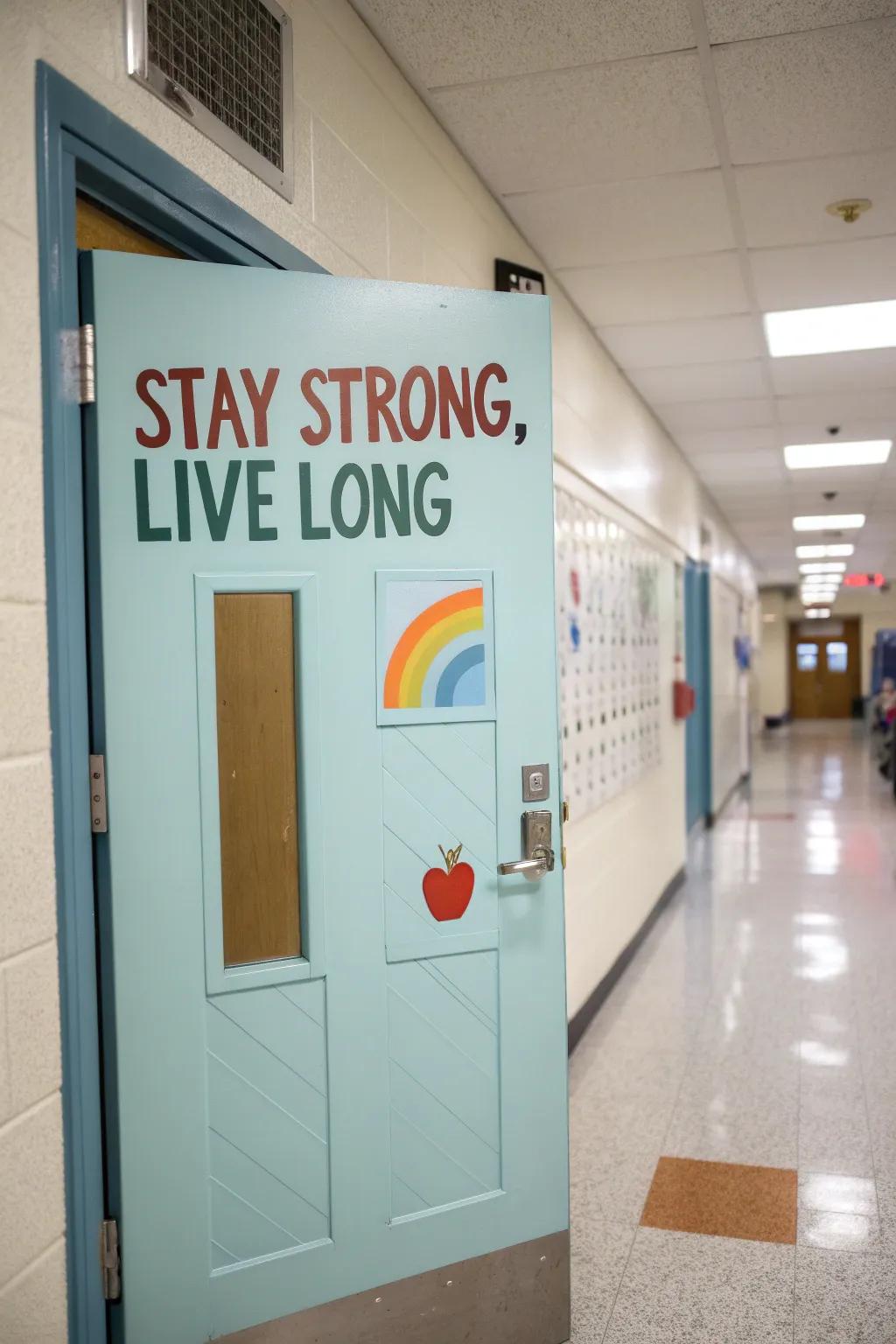 An inspiring door with uplifting phrases is there to boost morale.