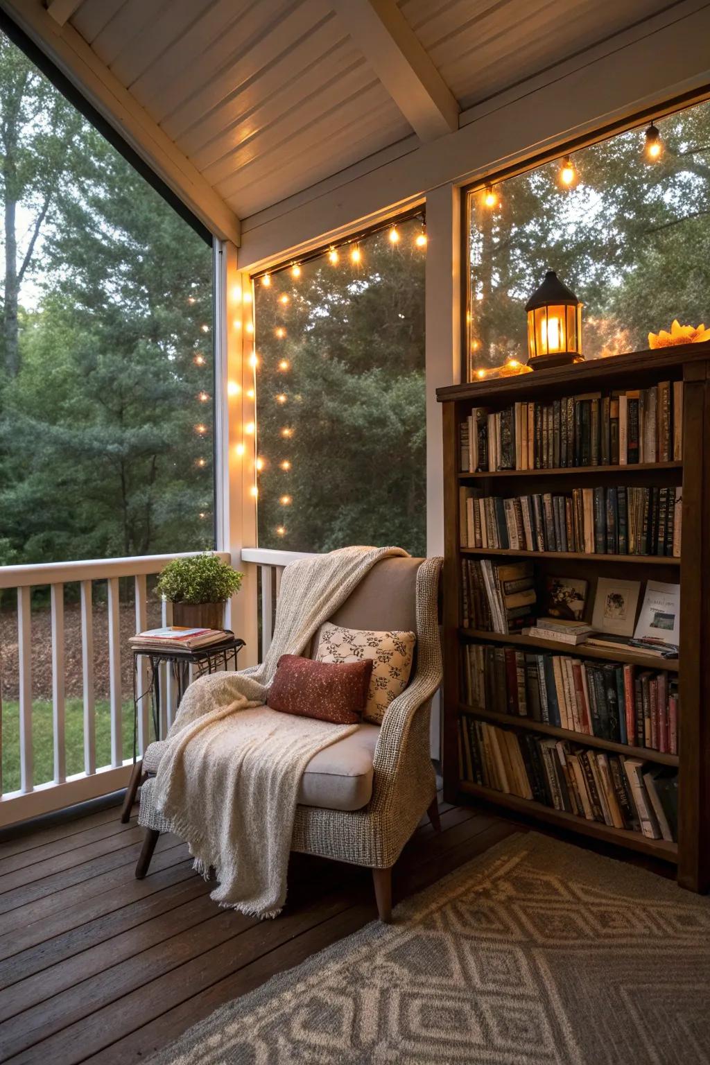 A reading nook on the porch gifts a serene escape for bookworms.