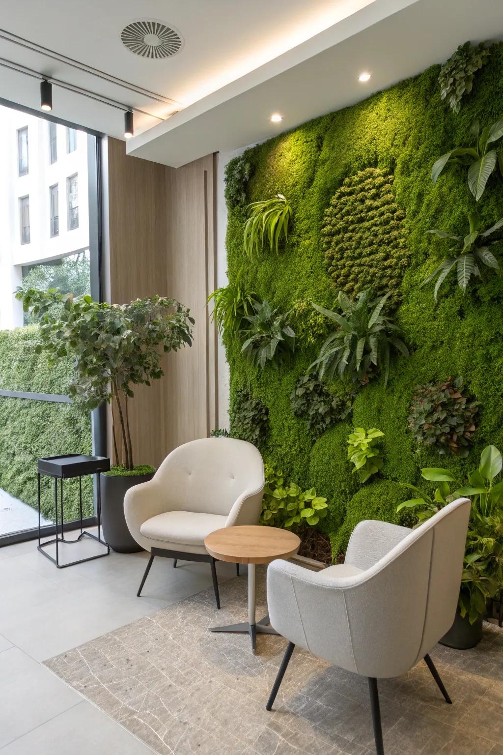 A greenery wall provides a serene, organic backdrop.