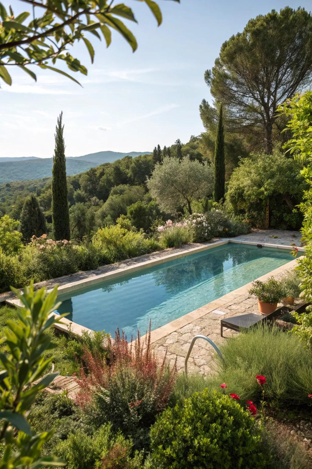 A semi-inground pool encompassed by lively vegetation, fashioning a natural refuge.