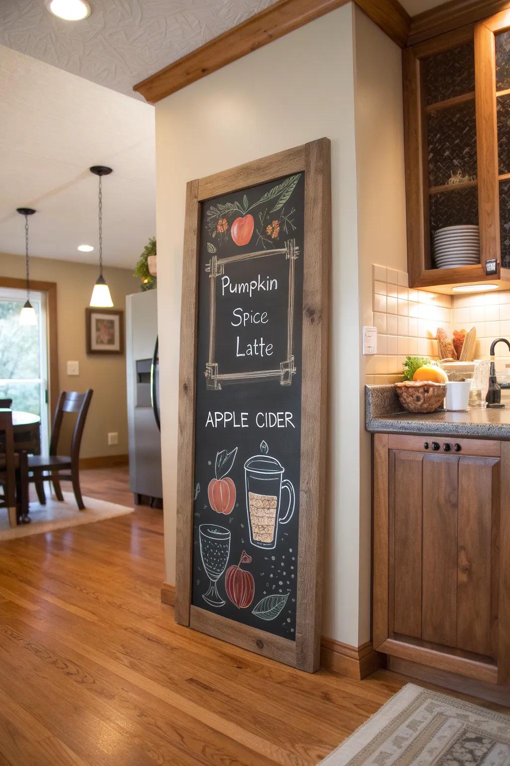 A cozy coffee corner with a chalkboard menu showcasing fall-themed drinks.