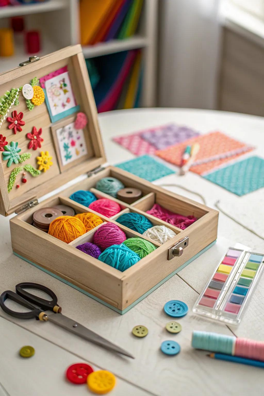 A craft display shadow box overflowing with creativity.