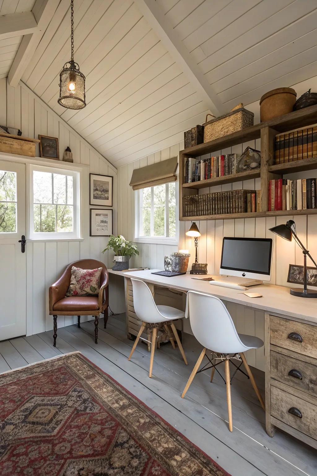 Establish a productive home office within your she shed by blending contemporary and classic furniture.