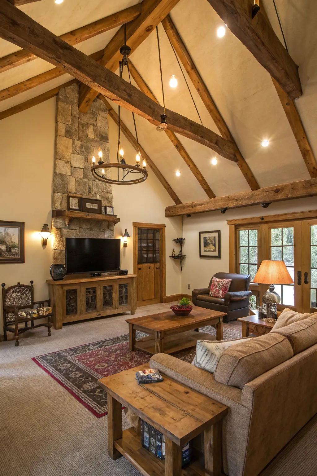 A rustic living space with exposed beams adding persona.