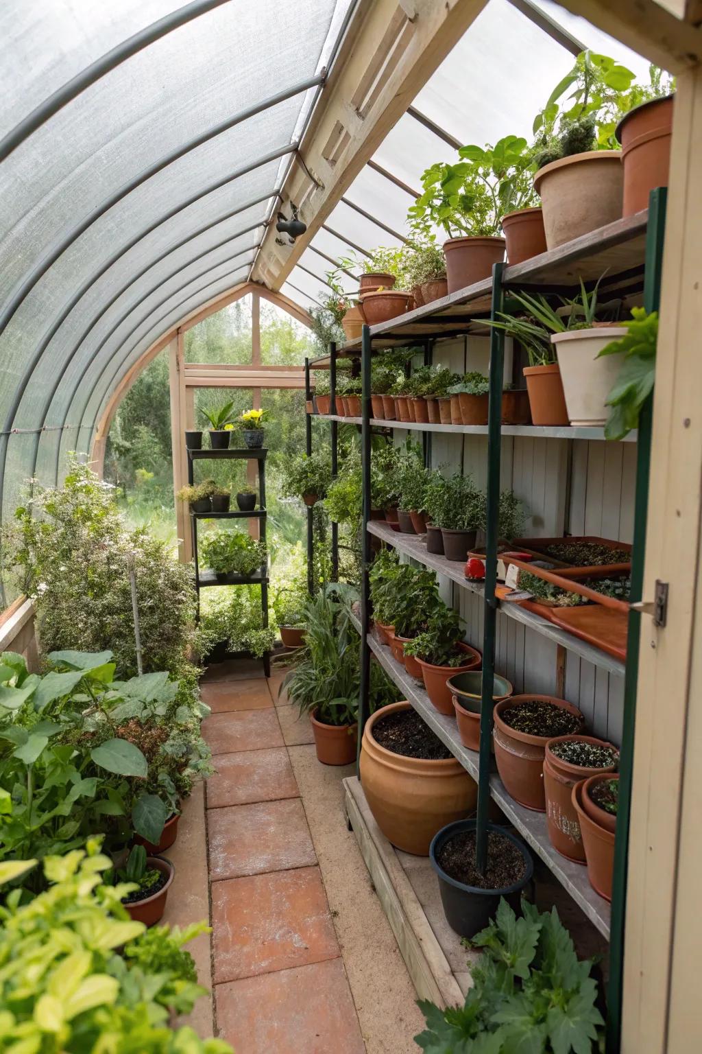 A shed converted into a vibrant compact conservatory, a paradise for plant lovers.