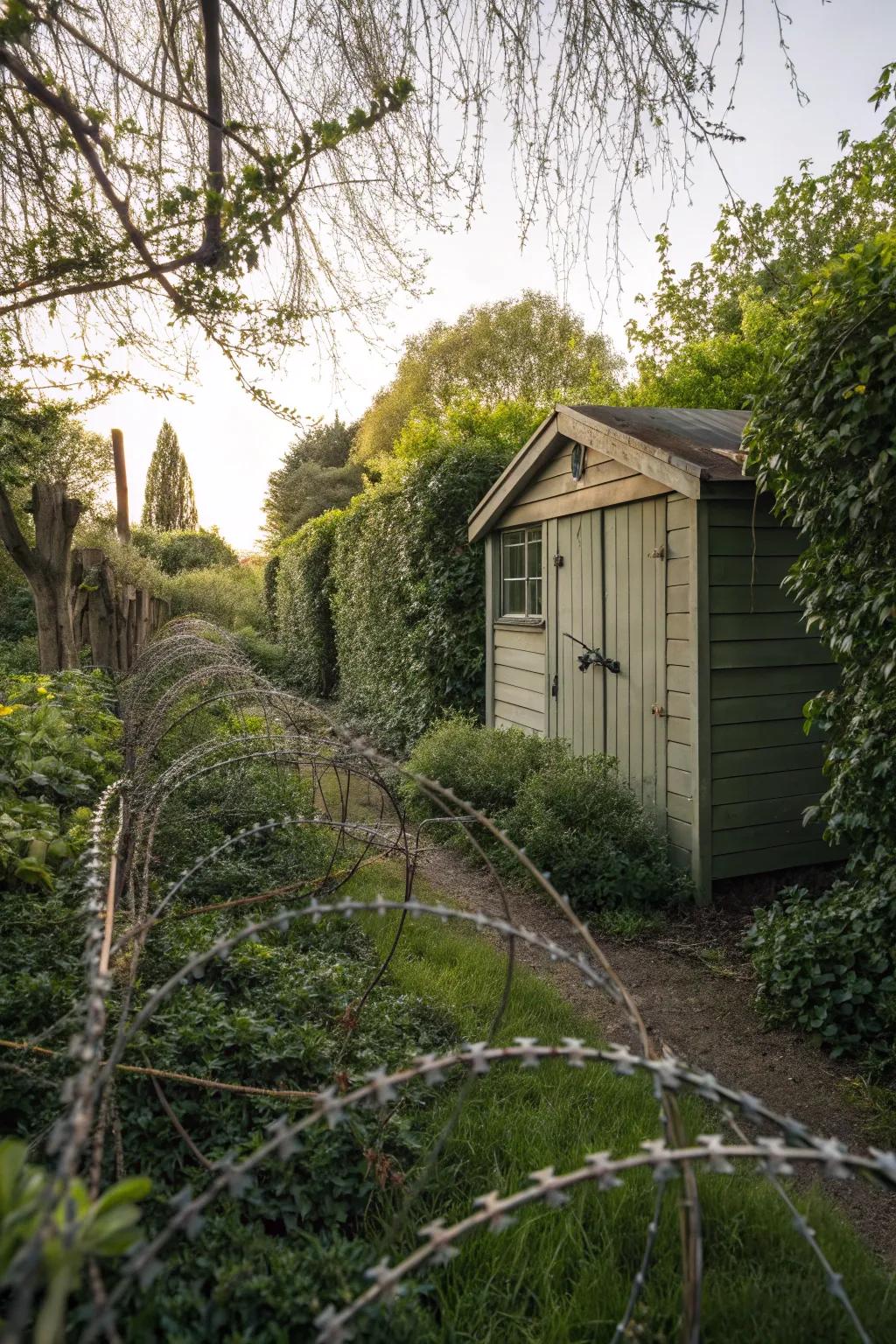 Thorny flora offers a natural barrier around a garden structure.