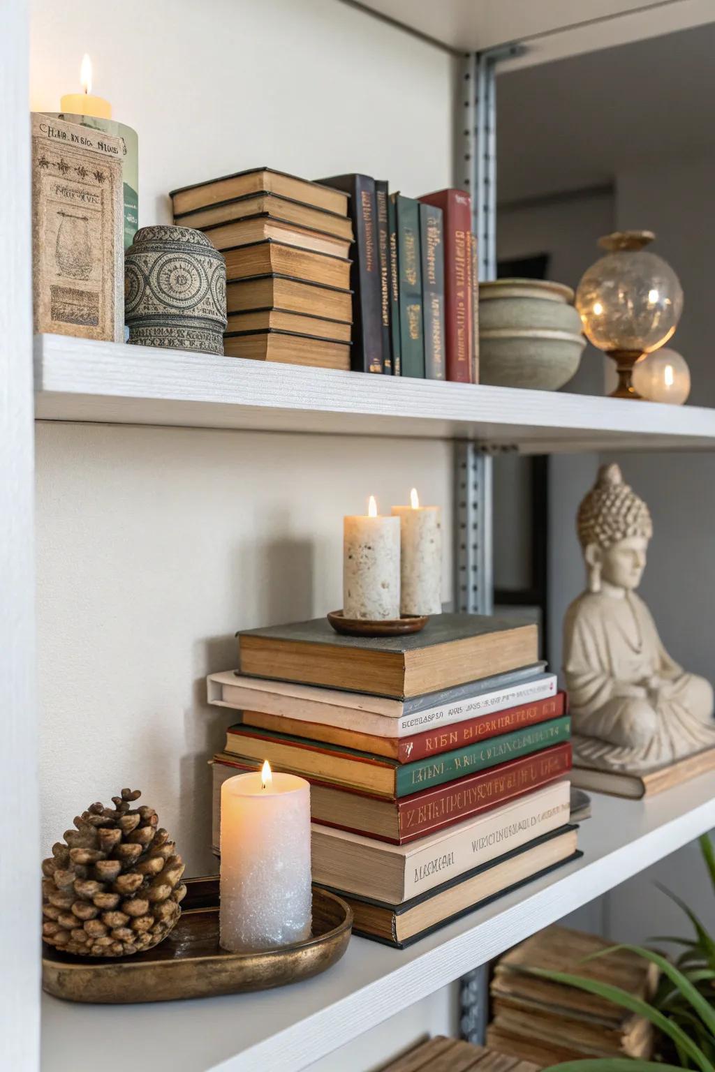 Tiered volumes with statues and wax lights lend profundity to shelves.