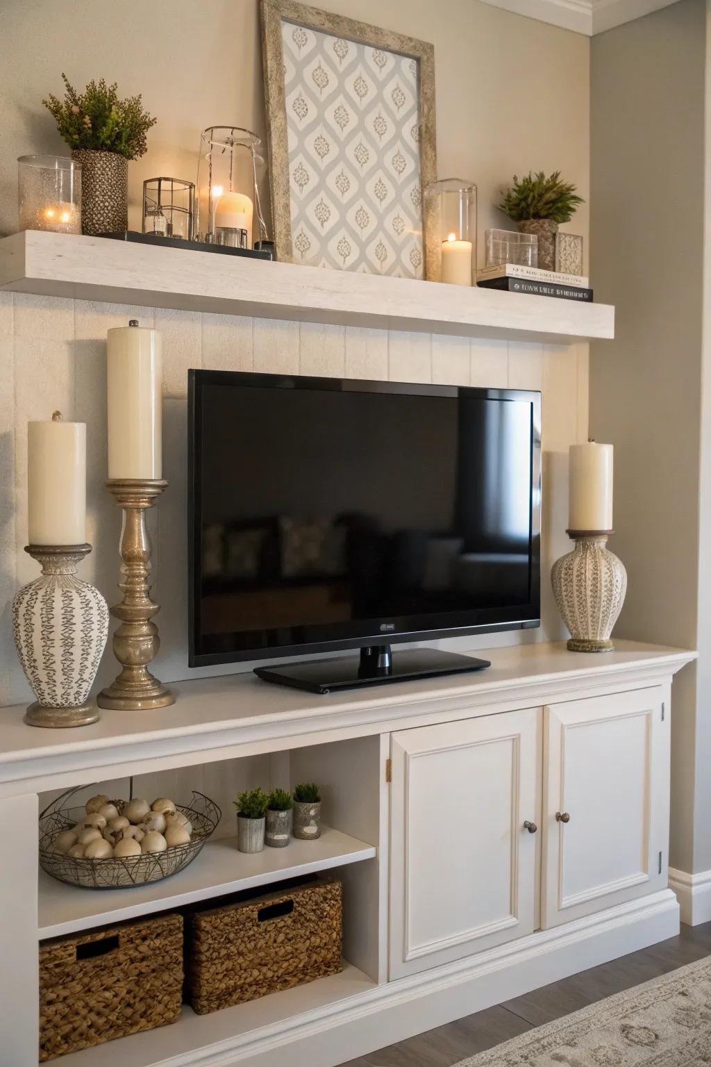 Uniform decor generates a harmonious spectacle above the TV.
