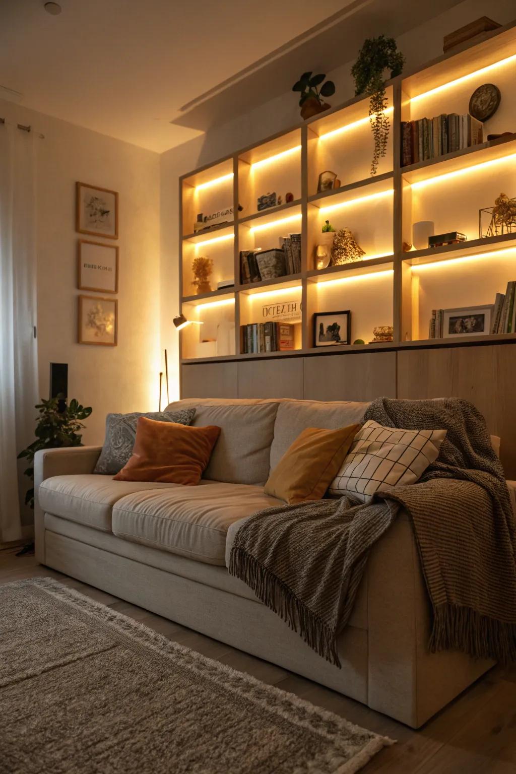 Integrated lighting elevates the ambiance.