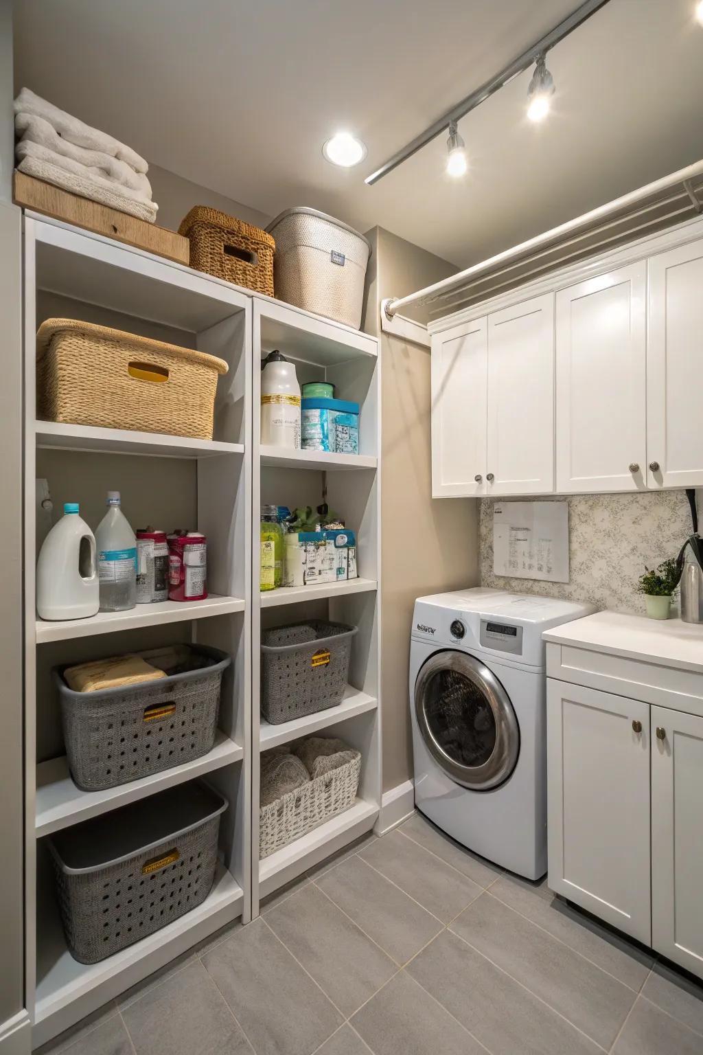 Corner shelving in a utility room, making the most of tight spaces while keeping items organized.