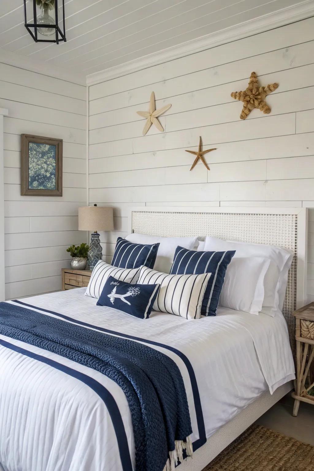 Design a coastal escape using horizontal shiplap and nautical features.