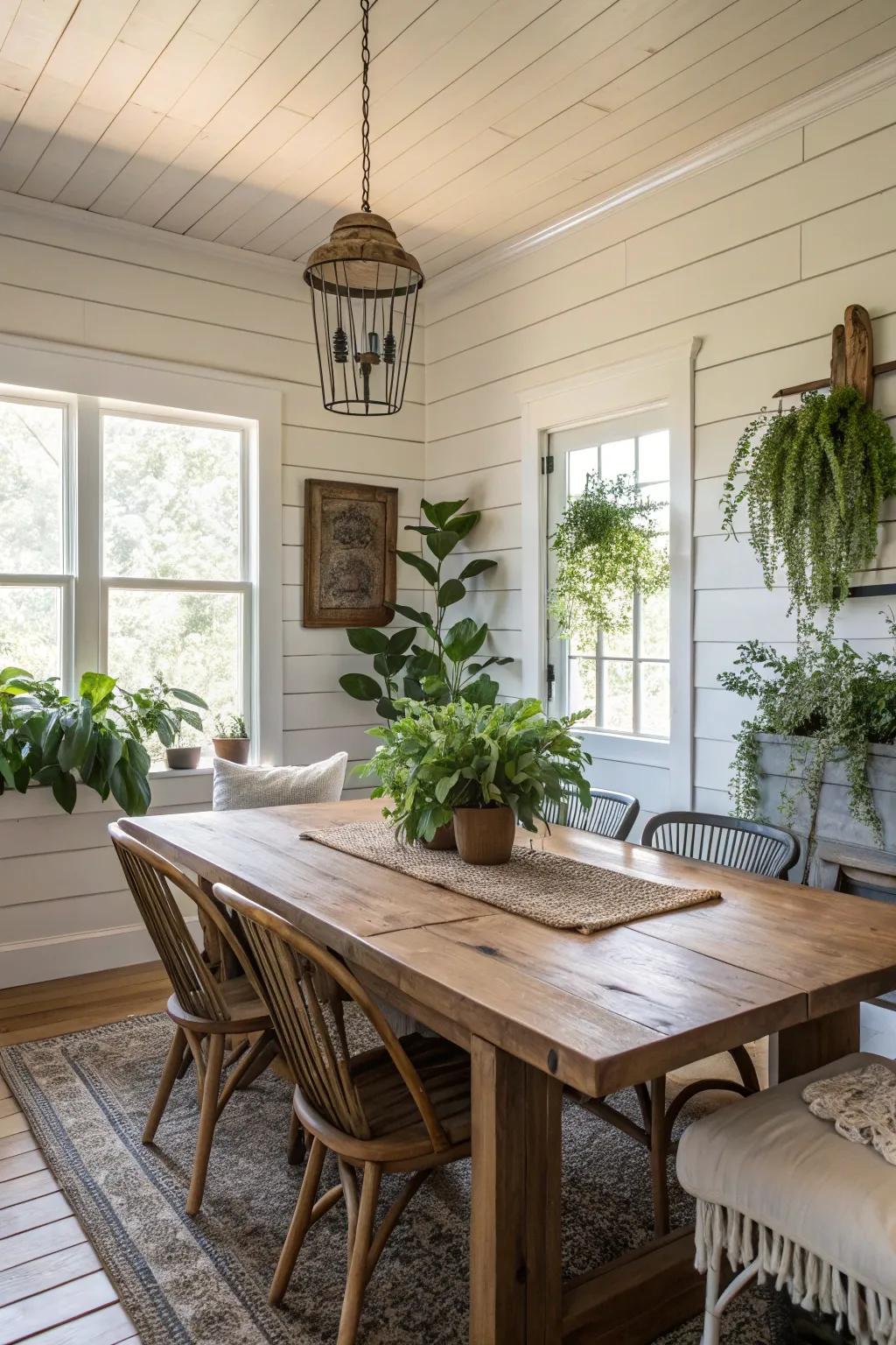 A dining room showcasing eco-friendly materials and shiplap walls.