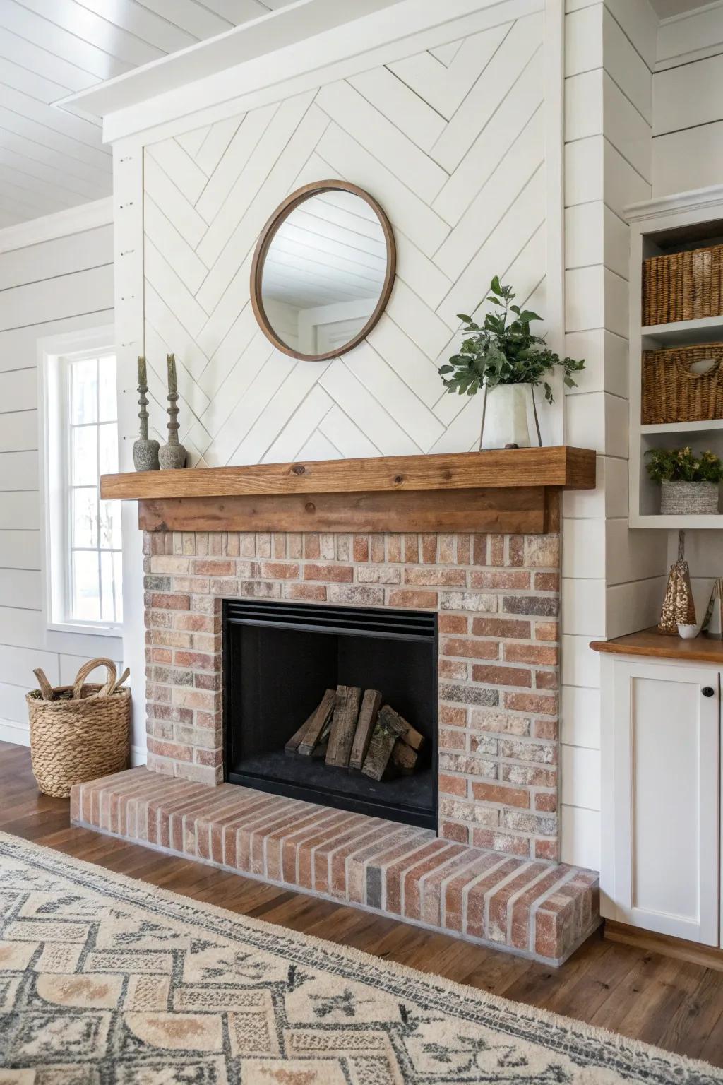 The combination of shiplap and brick amplifies the texture and richness of the fireplace.