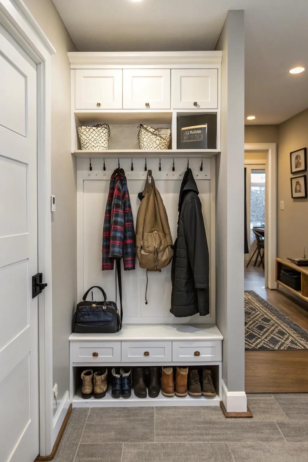 A versatile footwear closet featuring pegs for extra organization.