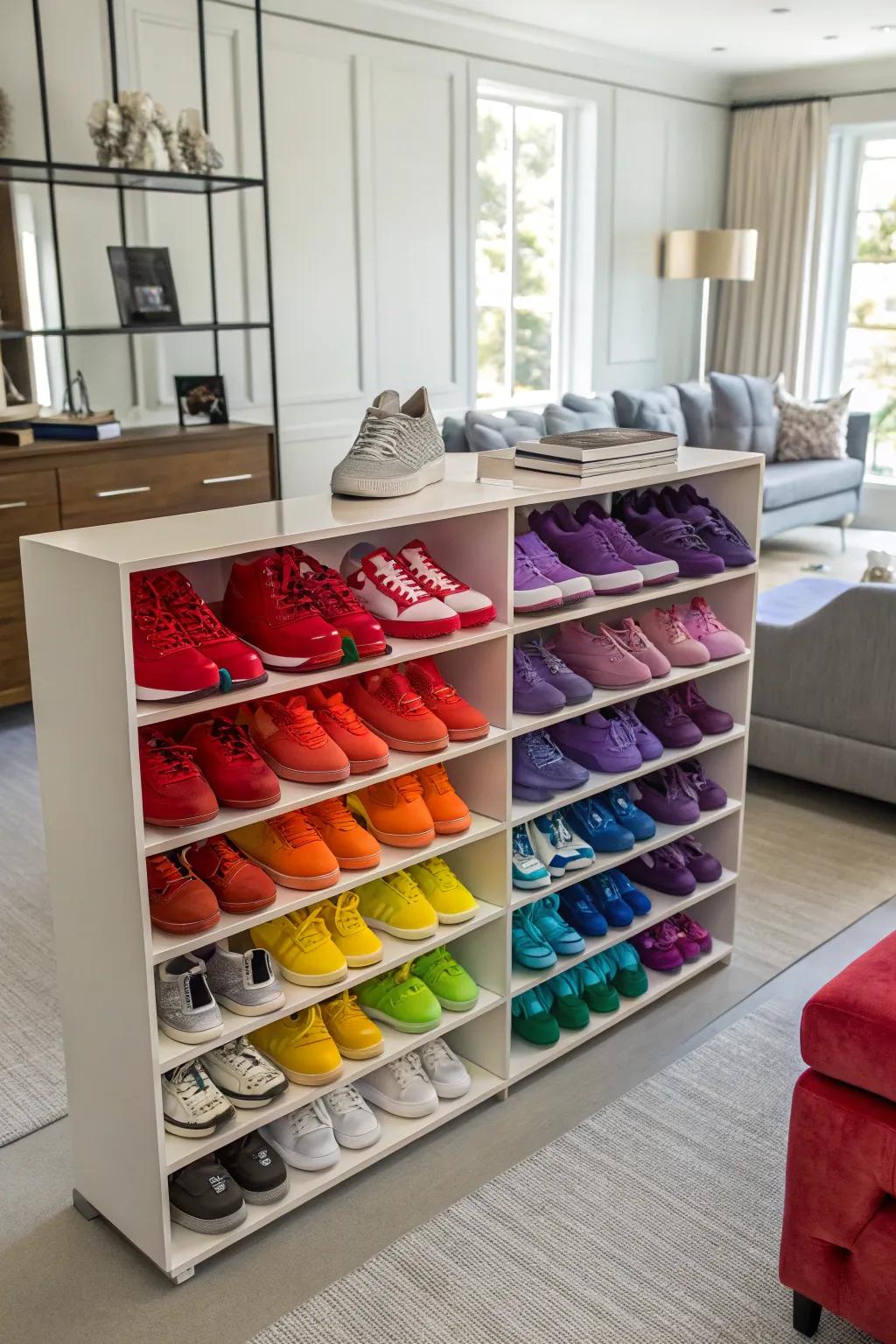Chromatic coordination transforms your shoe display into art.