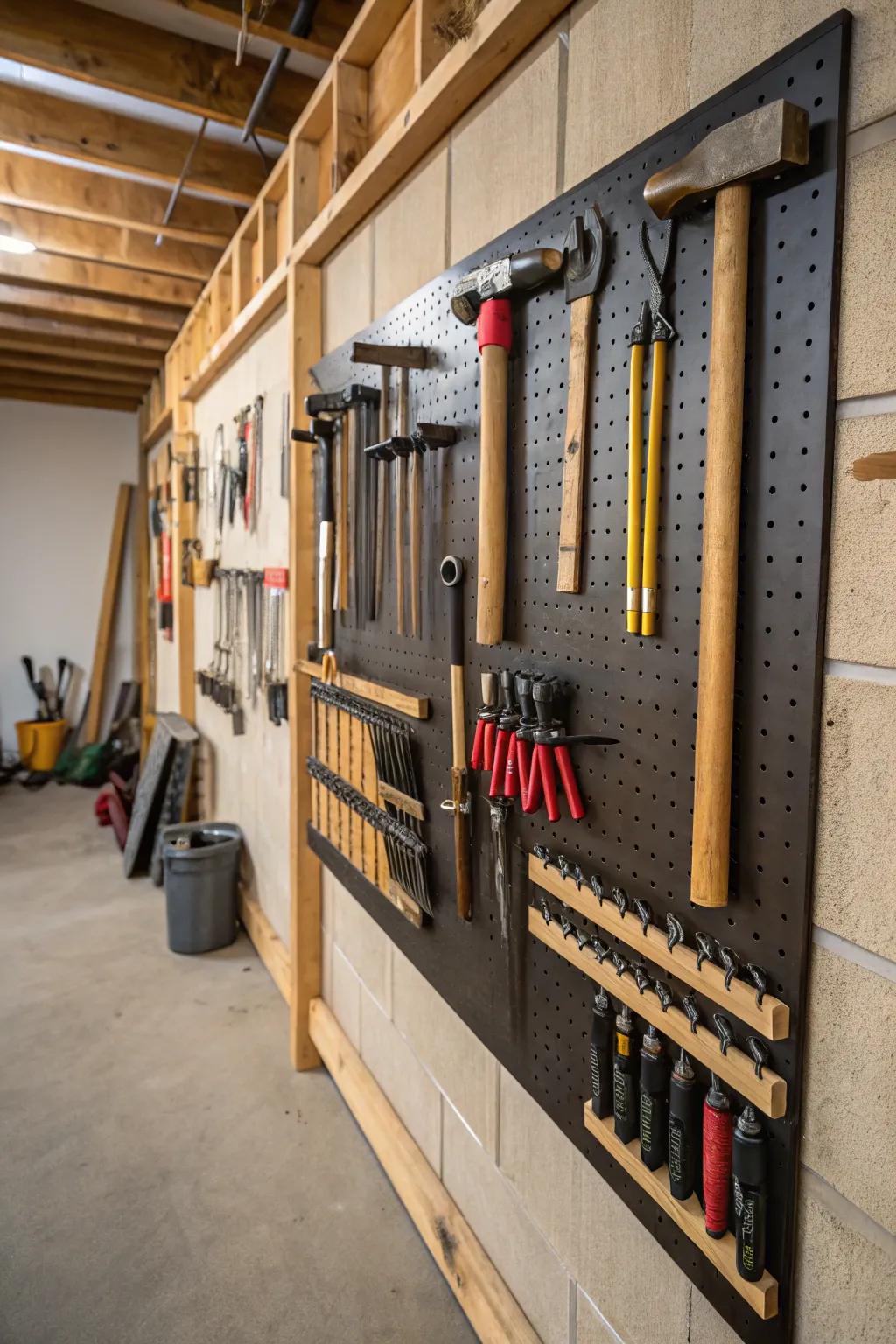 Custom tool racks on a garage wall.