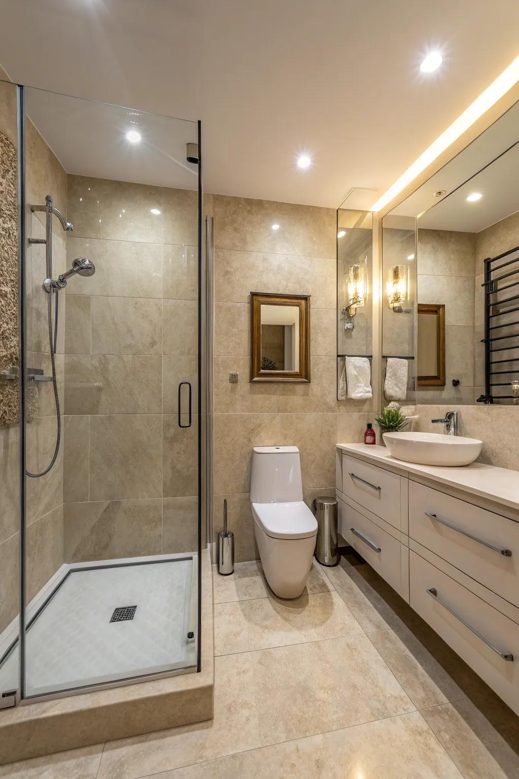 Neutral shades amplify light and space, ideal for snug bathrooms.