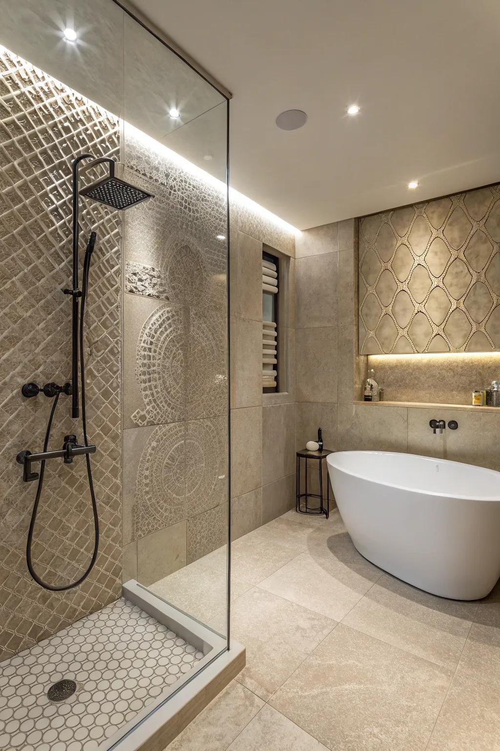 A lavish washroom showcasing textured panels for increased dimension.