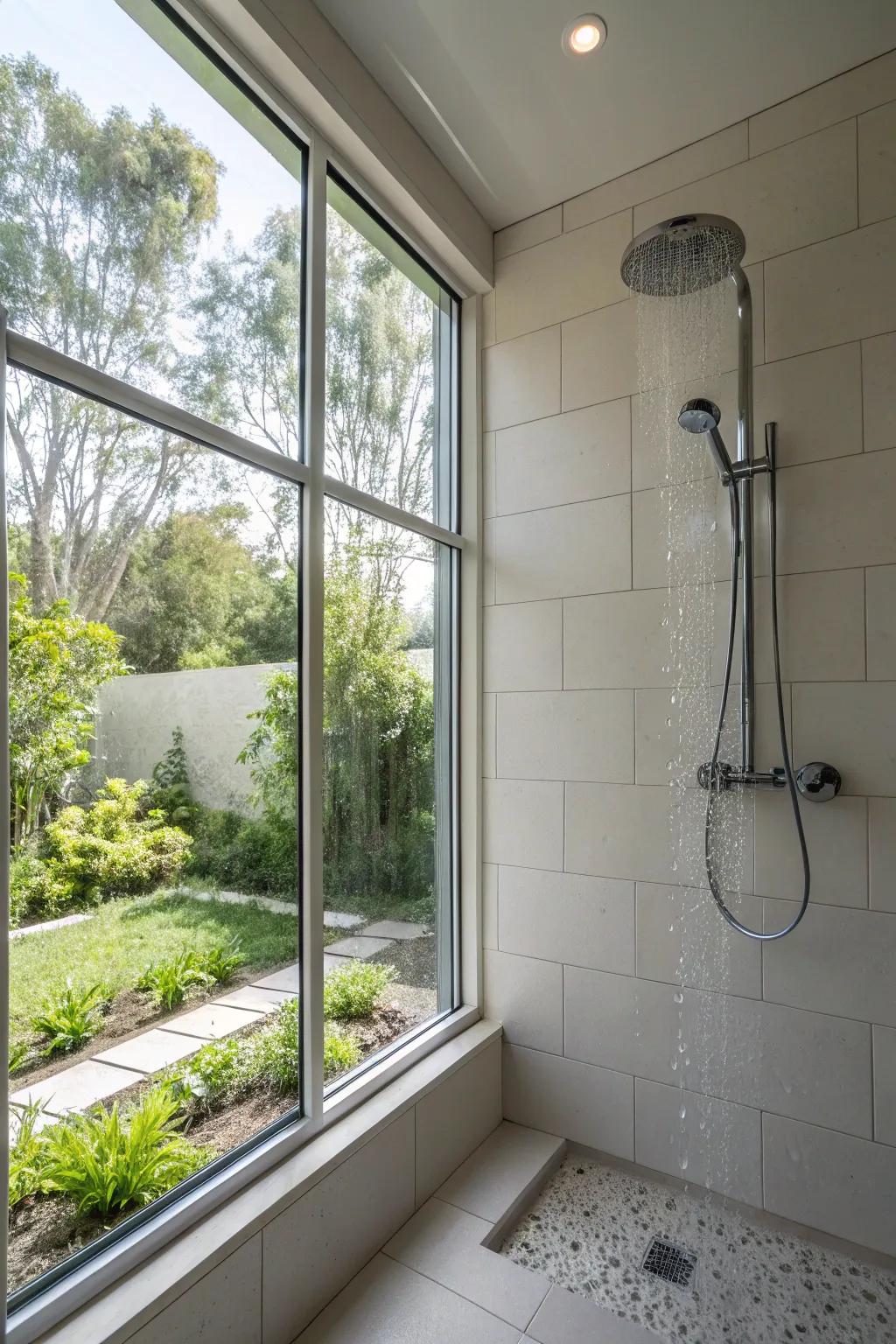 A bright and airy shower stall enhanced by a large window that invites natural light.