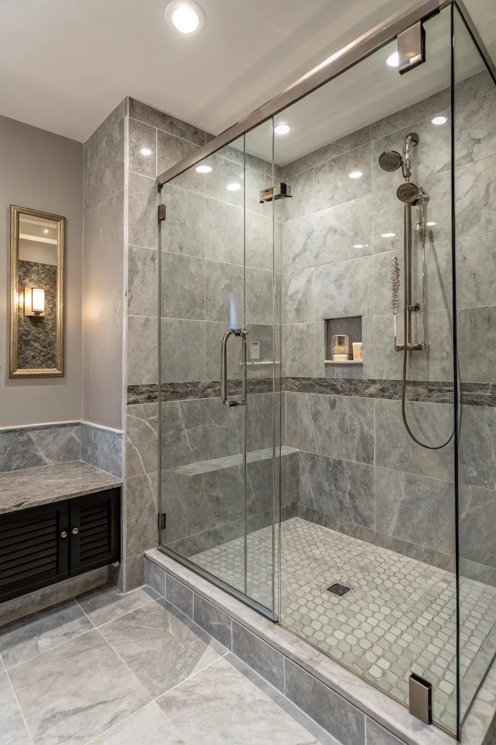 Lavish grey veined tiles in a shower setting.