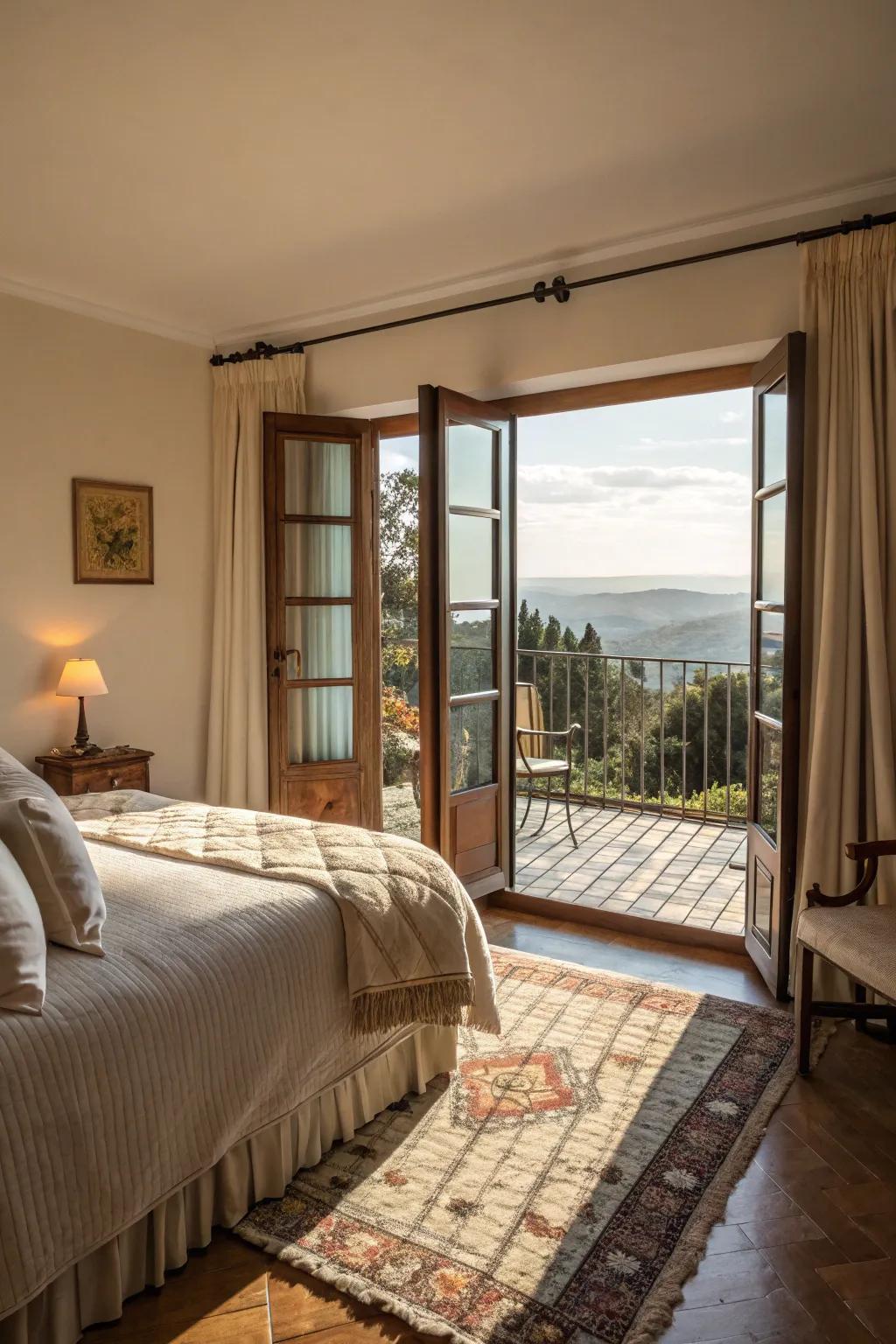 Comforting bedroom textures that lead to a peaceful balcony.