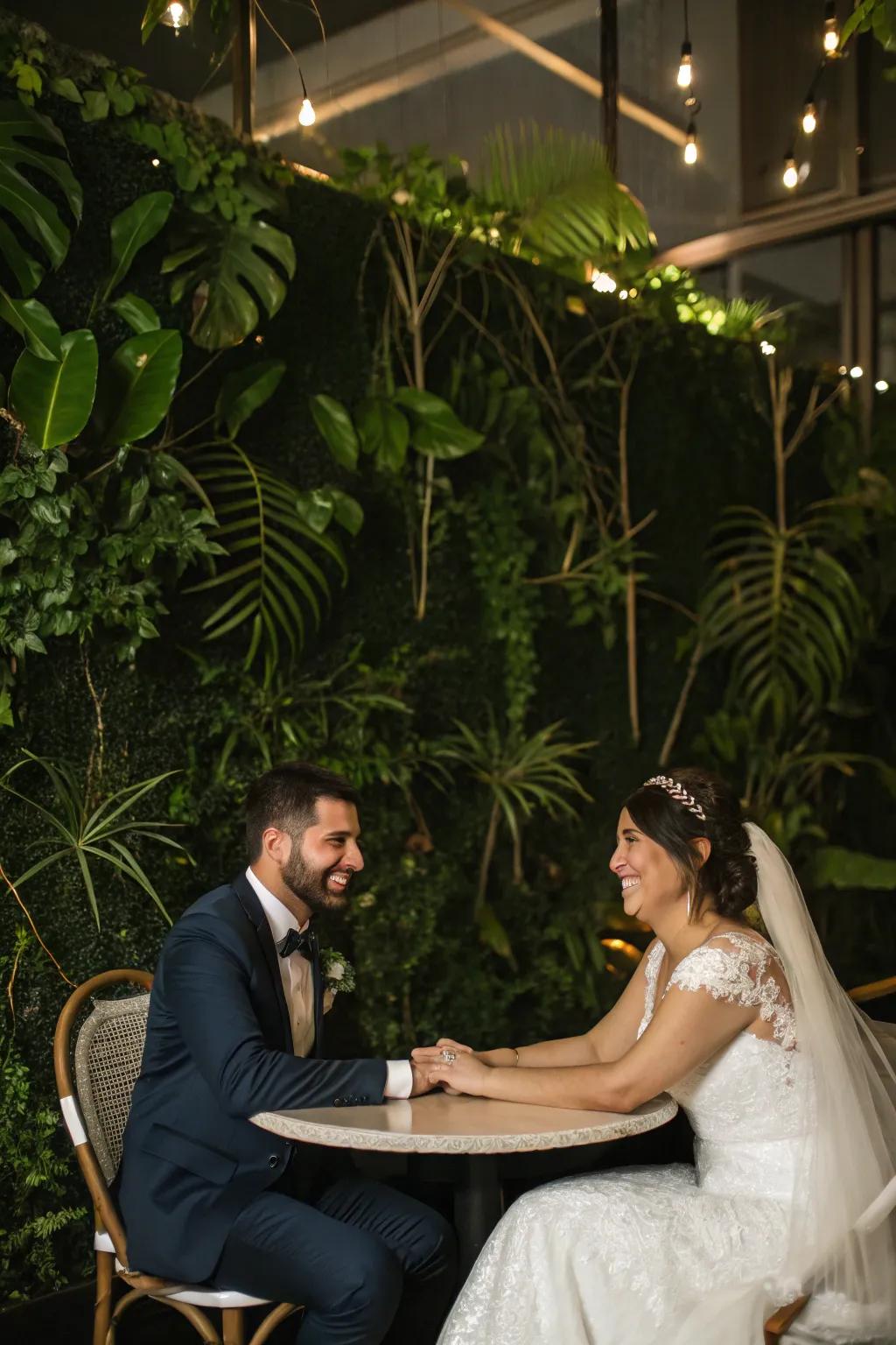 A bride and groom table set against a lush greenery backdrop.