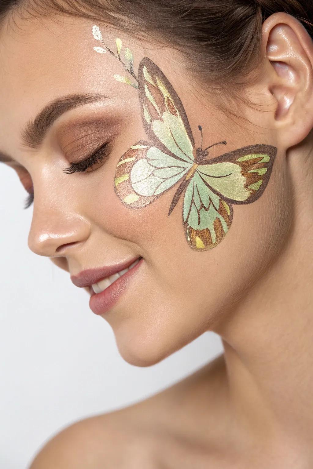 Embrace nature's elegance with this simple yet stunning butterfly face paint design. Perfectly blending minimalism and boho charm, it's a true testament to natural beauty.