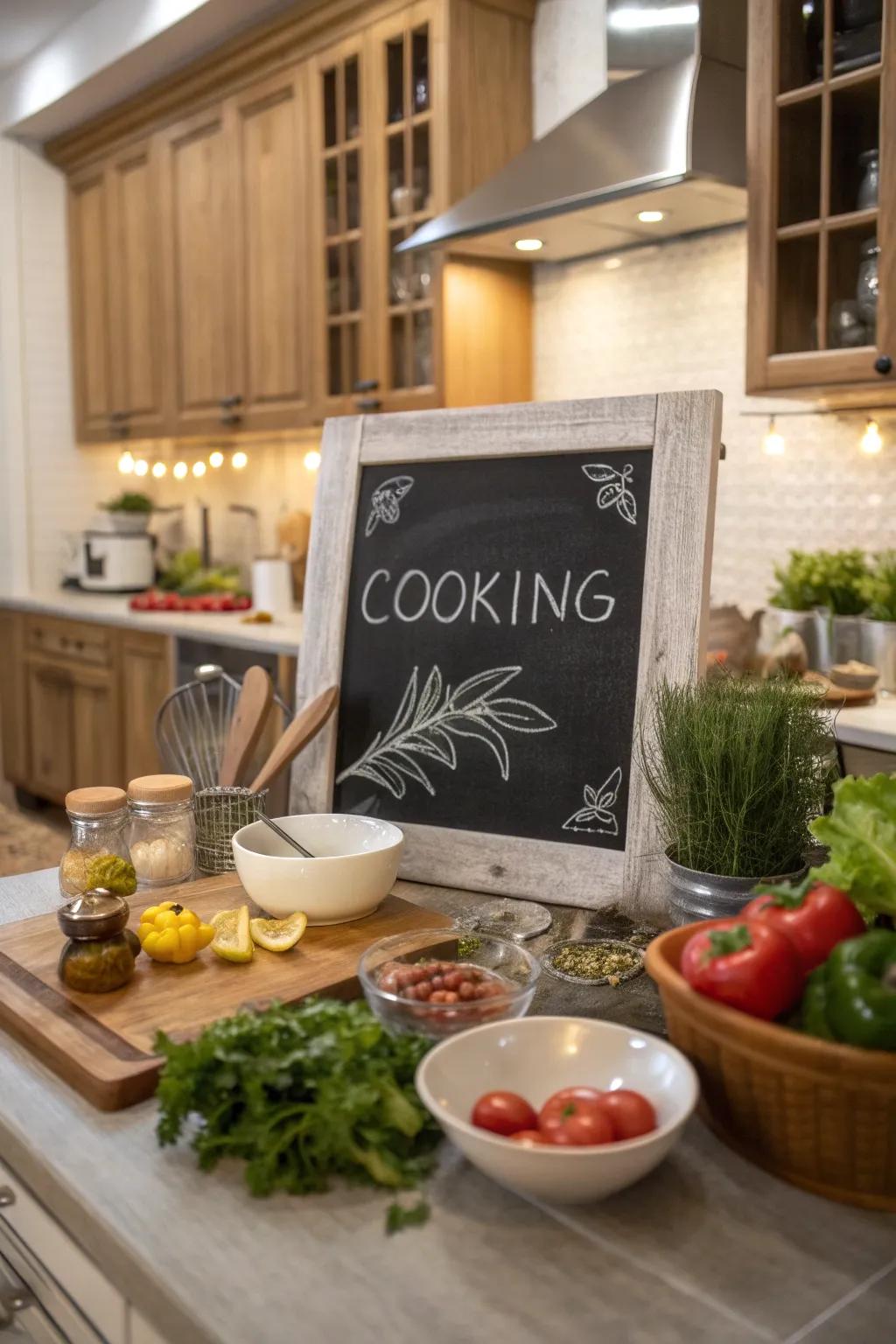 Culinary space slate board featuring an inscription about preparing with affection.