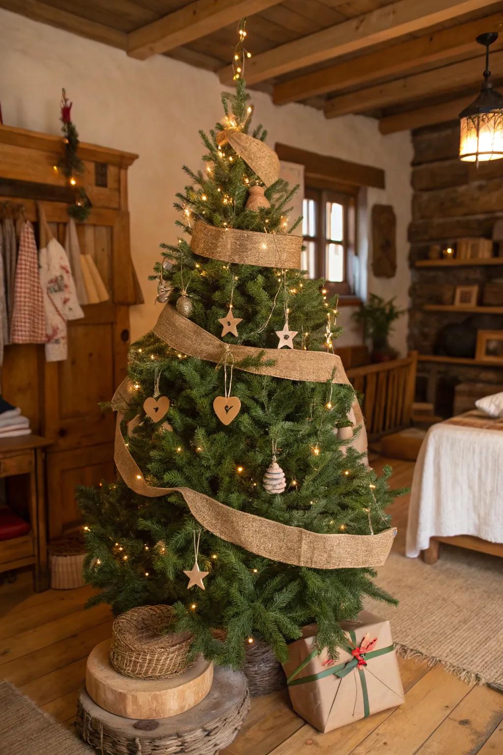 Thread bands and wood components inject rustic charm into your Christmas d&eacute;cor.
