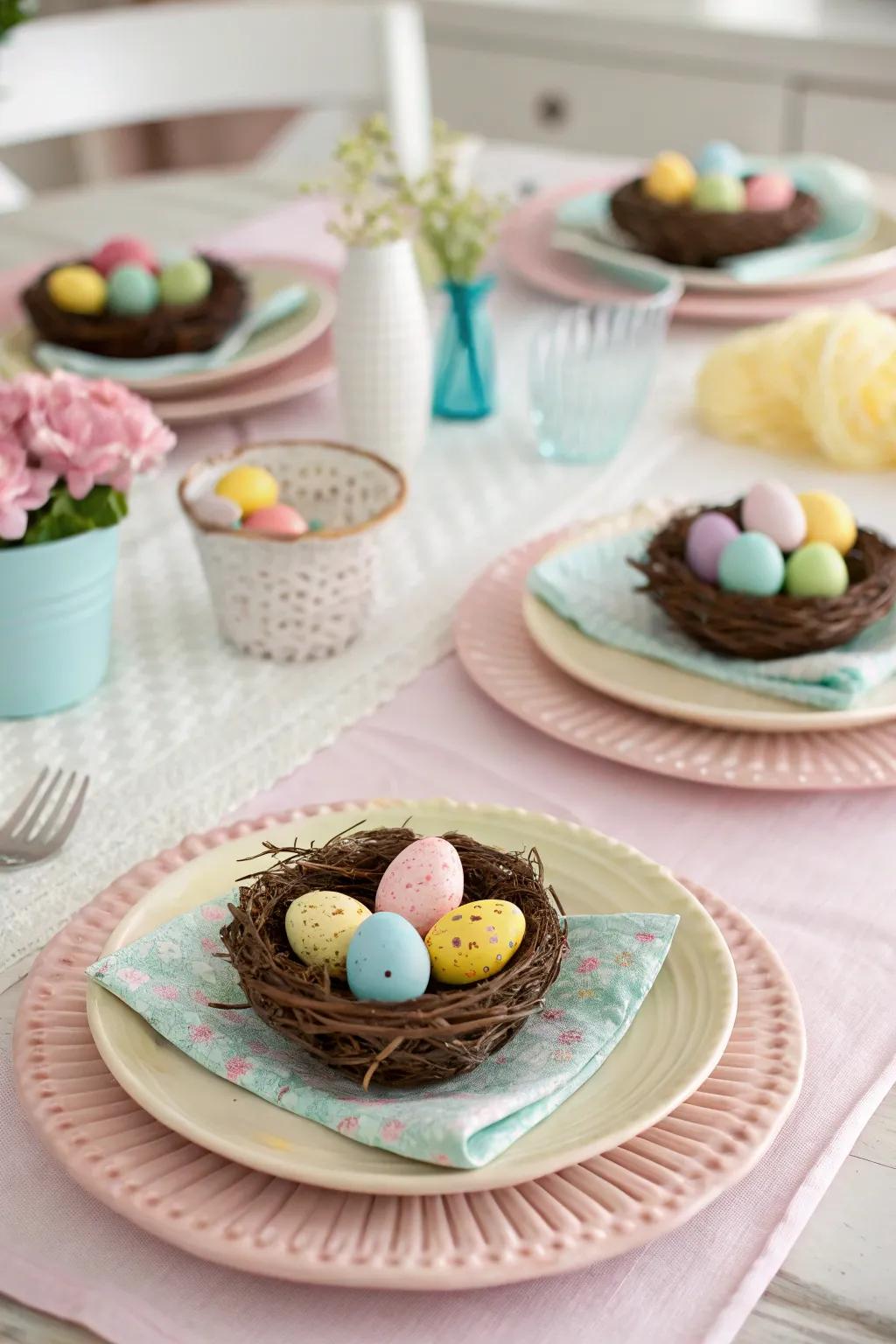Mini egg nests add a rustic charm to each place setting.