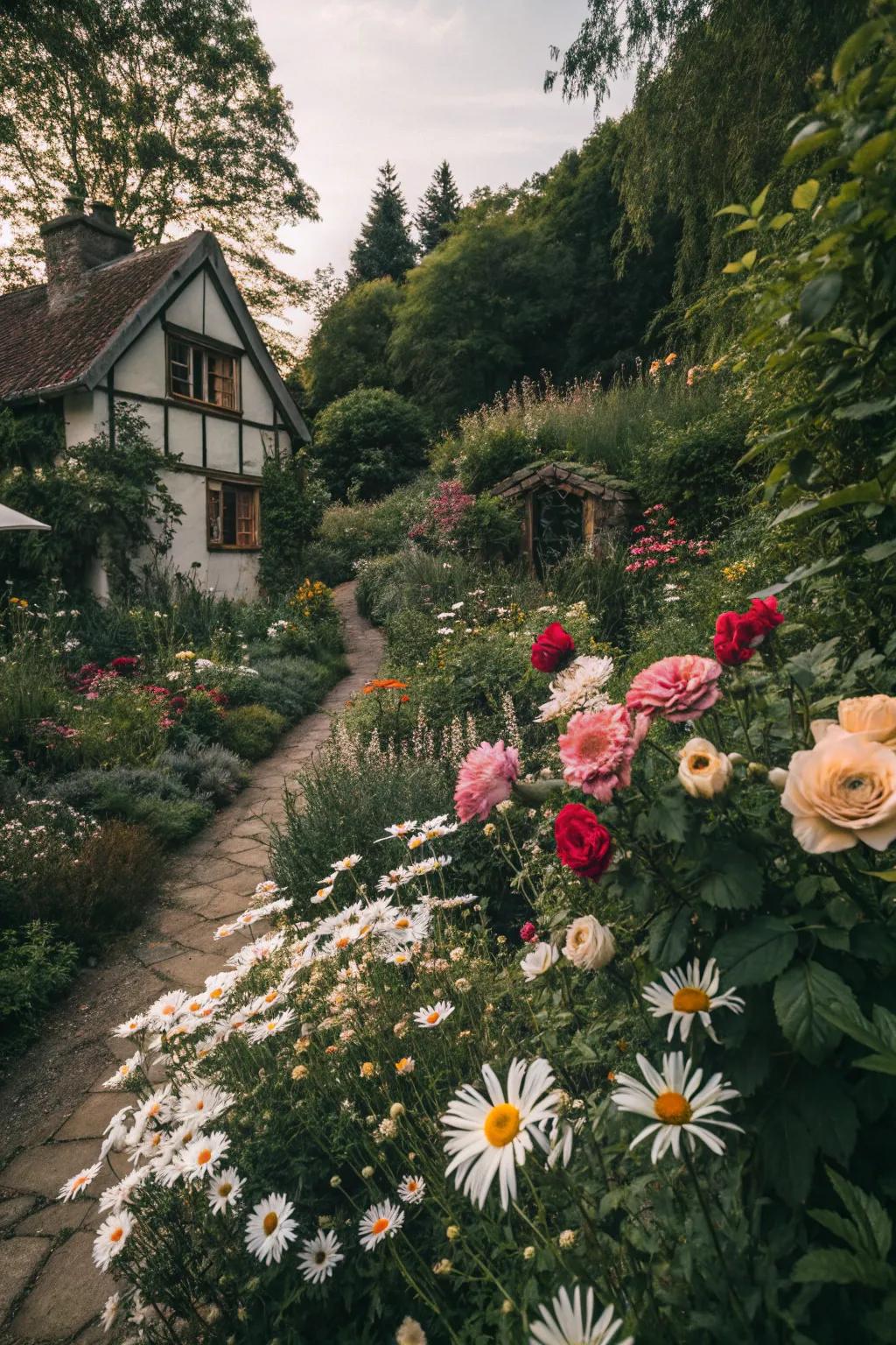 A comfortable, quaint garden sanctuary filled with assorted flowers.