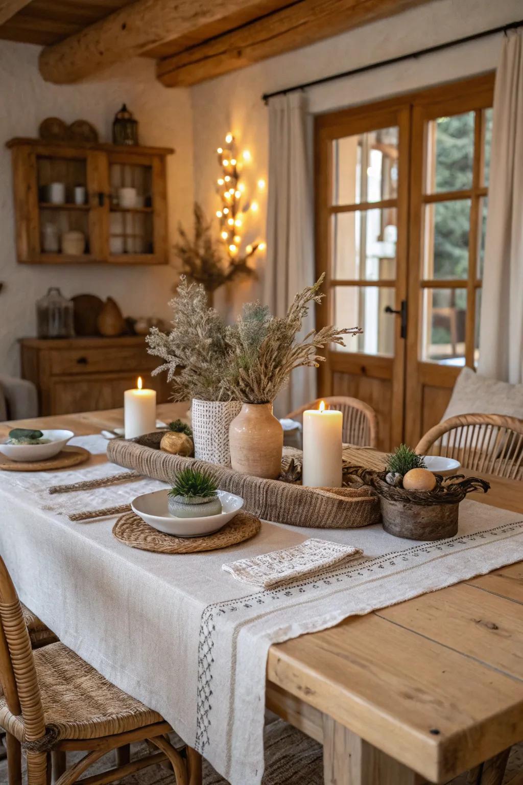 Muted shades fashioning a serene, rustic table presentation.