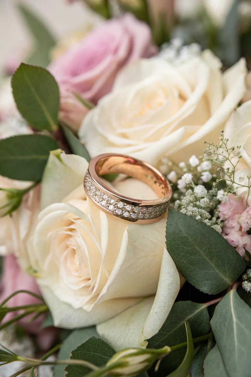 A romantic pink gold circle set against a delicate floral backdrop.