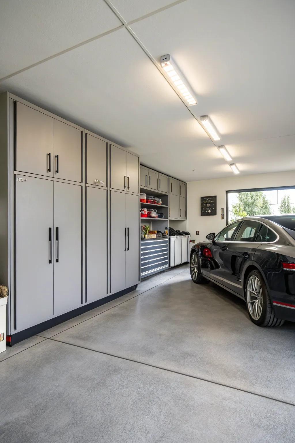 Cabinets offer closed storage, which helps to create a tidy-looking garage.