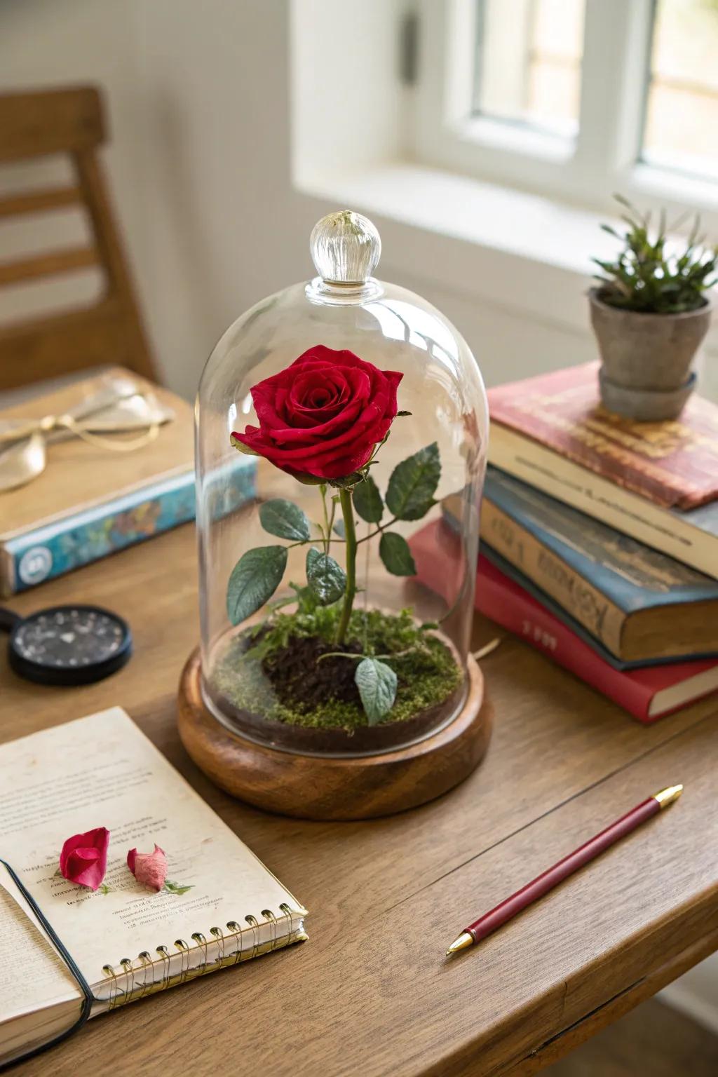 A terrarium delivers a distinctive setting for a solitary rose.