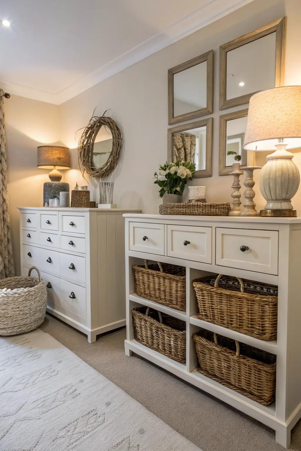 Fashionable storage integrates utility with beauty.